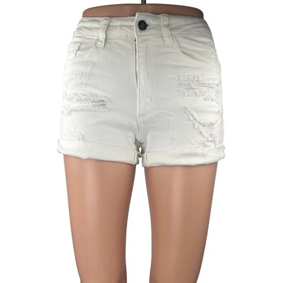 Rancan White Distressed Mid Rise Cuffed Hem Fitted Denim Jean Shorts Size 26 - Picture 1 of 5